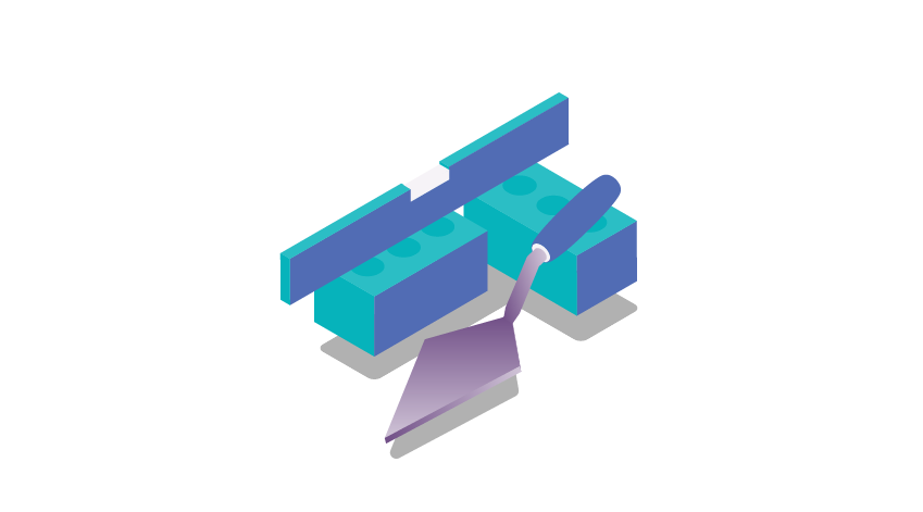 Blue illustration of two bricks, a spirit level and a brick pointing trowel