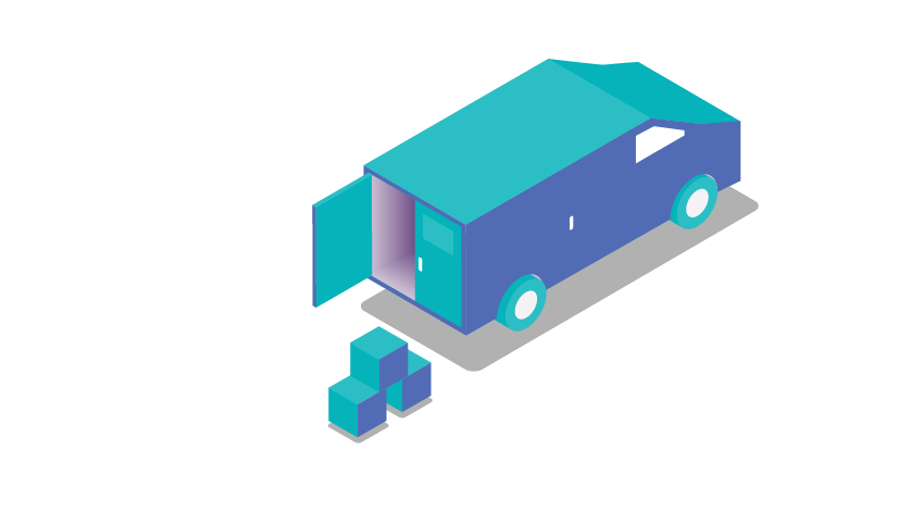 Blue illustration of van unloading boxes