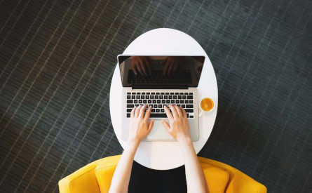 Top-down view of an open laptop