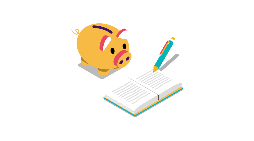 Piggy bank with a notebook and pen